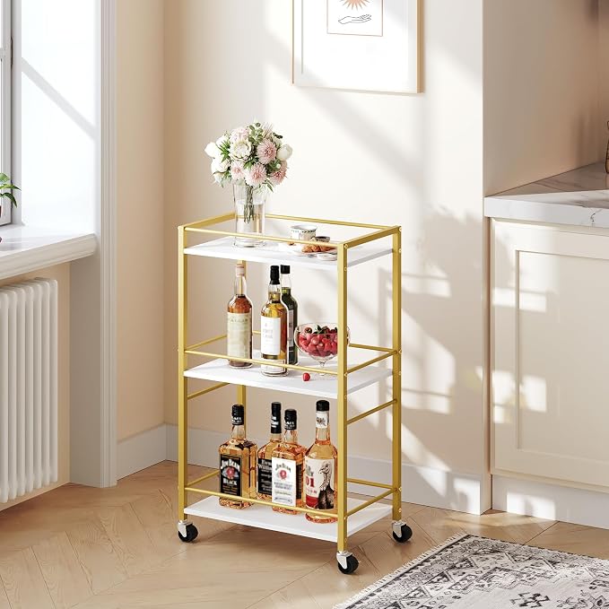 MAHANCRIS Bar Cart for The Home, 3-Tier Drink Cart on Wheels, Home Bar Serving Cart, Mini Bar Cart for Small Space, Rolling Kitchen Carts for Bar, Kitchen, Dining Room, Gold RCJW4001