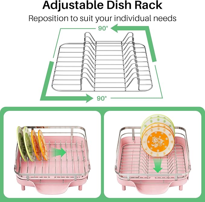 SAYZH Dish Drying Rack - Expandable Dish Rack for Kitchen Counter, Rust-Resistant Dish Drainer with Utensil Holder and Raised Guardrail, Kitchen Organizer for Cup and Bottle (Pink)