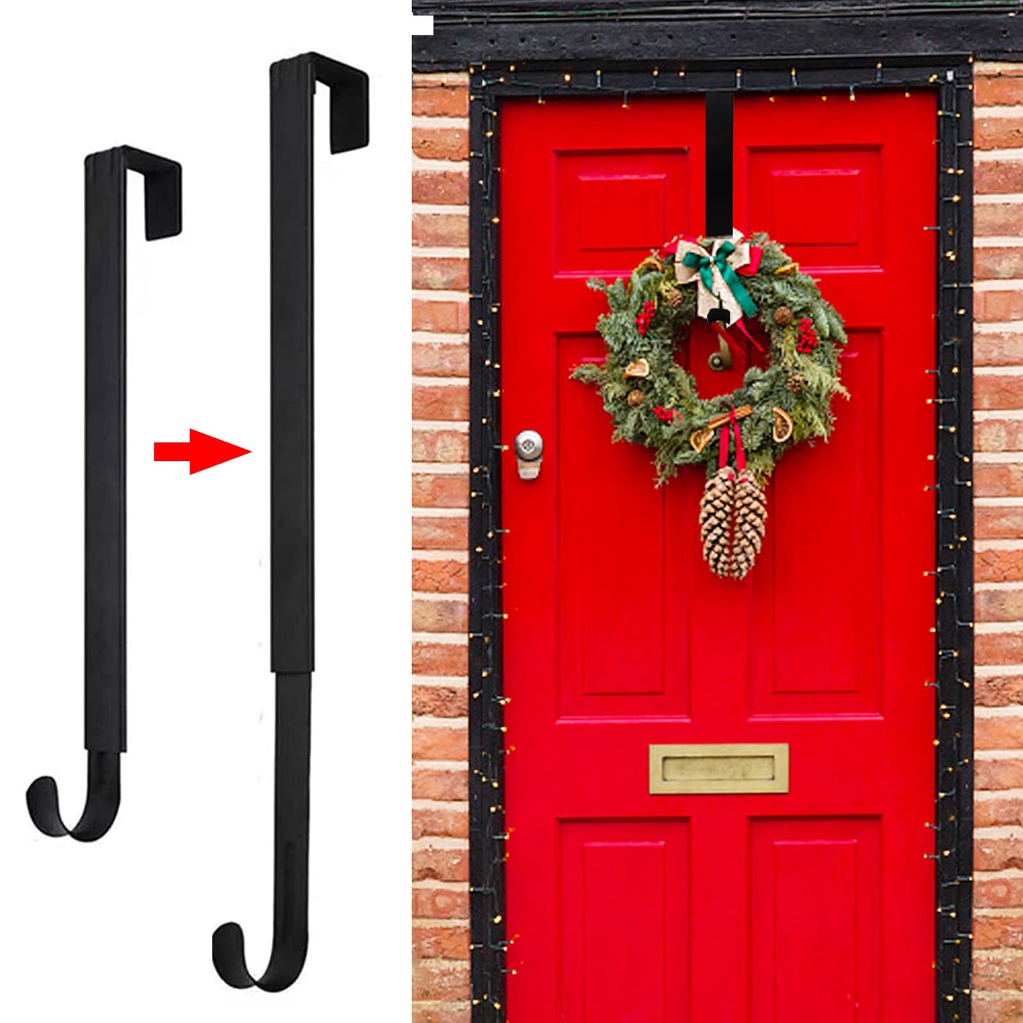 GP Life Wreath Hanger for Front Door, Adjustable from 15 to 25 Inches Hanger, 20 lbs Larger Door Upgrade Christmas Fall Wreaths Decorations Hook (Black)