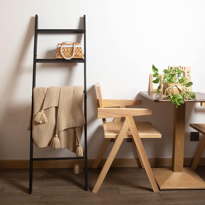 5-Tier Blanket Ladder – 4.8 Ft Wall Leaning Quilt Rack, Farmhouse Blanket Storage for Living Room, Bedroom & Bathroom – Rustic Decorative Wooden Towel & Quilt Holder, Easy to Assemble