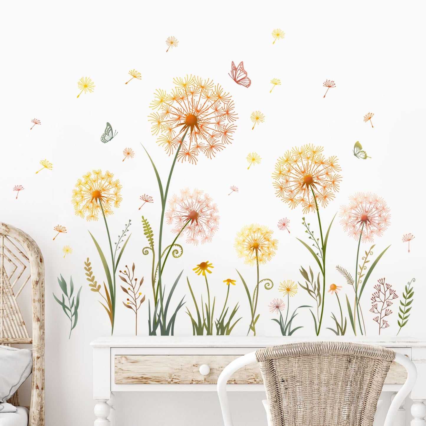Dandelion Flower Butterfly Wall Decals Gold Dandelion Plants Floral Wall Stickers Peel and Stick Vinyl Wall Art Decor for Living Room Bedroom Office TV Sofa Backdrop Home Decor Gifts for Mom