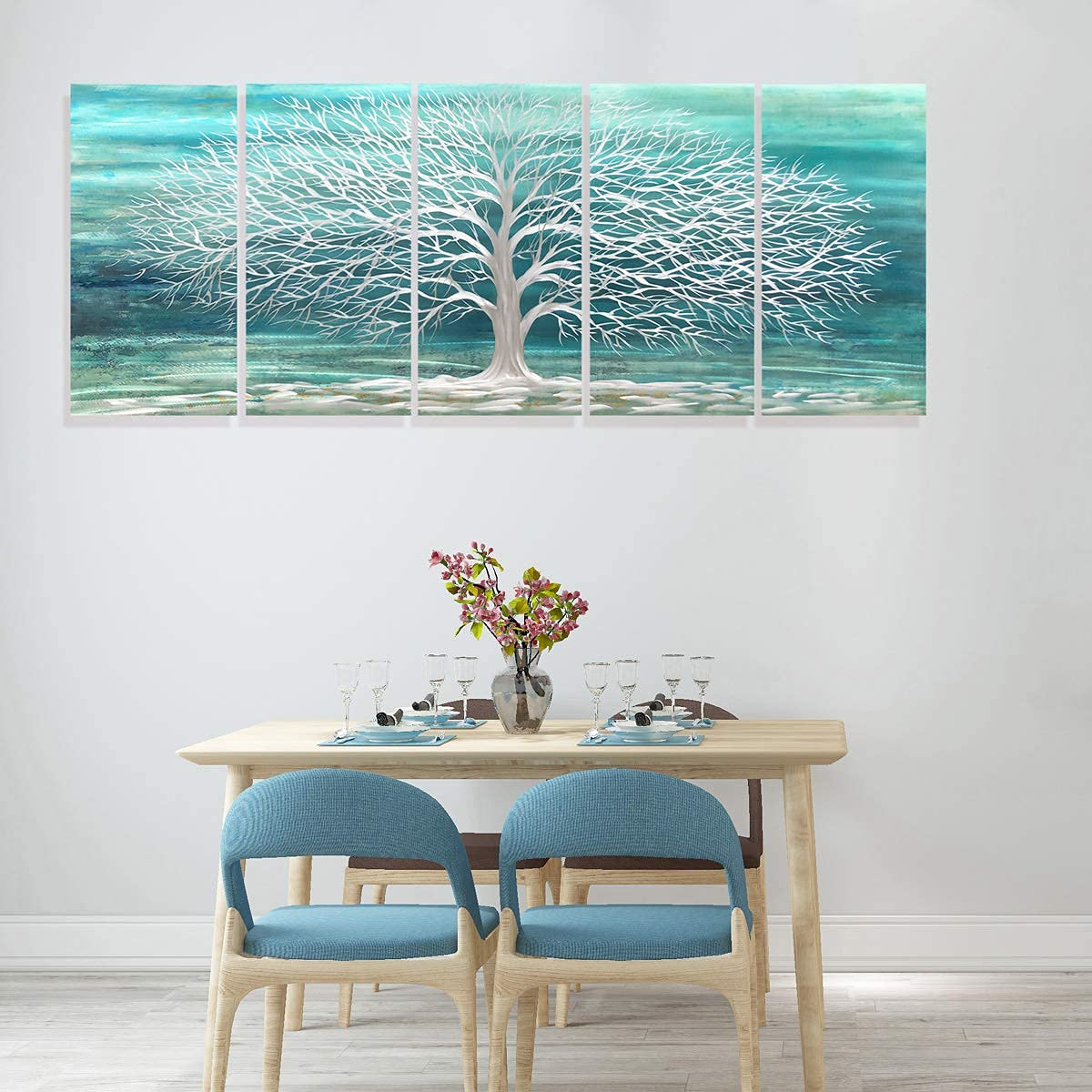 RICHSPACE ARTS Blue Green Metal Wall Art Silver Tree of Life 3d Artwork Extra Large Teal Sculpture Decor on Aluminum for Bedroom Living Room Kitchen Room Dining Room Walls Set of 5 Panels
