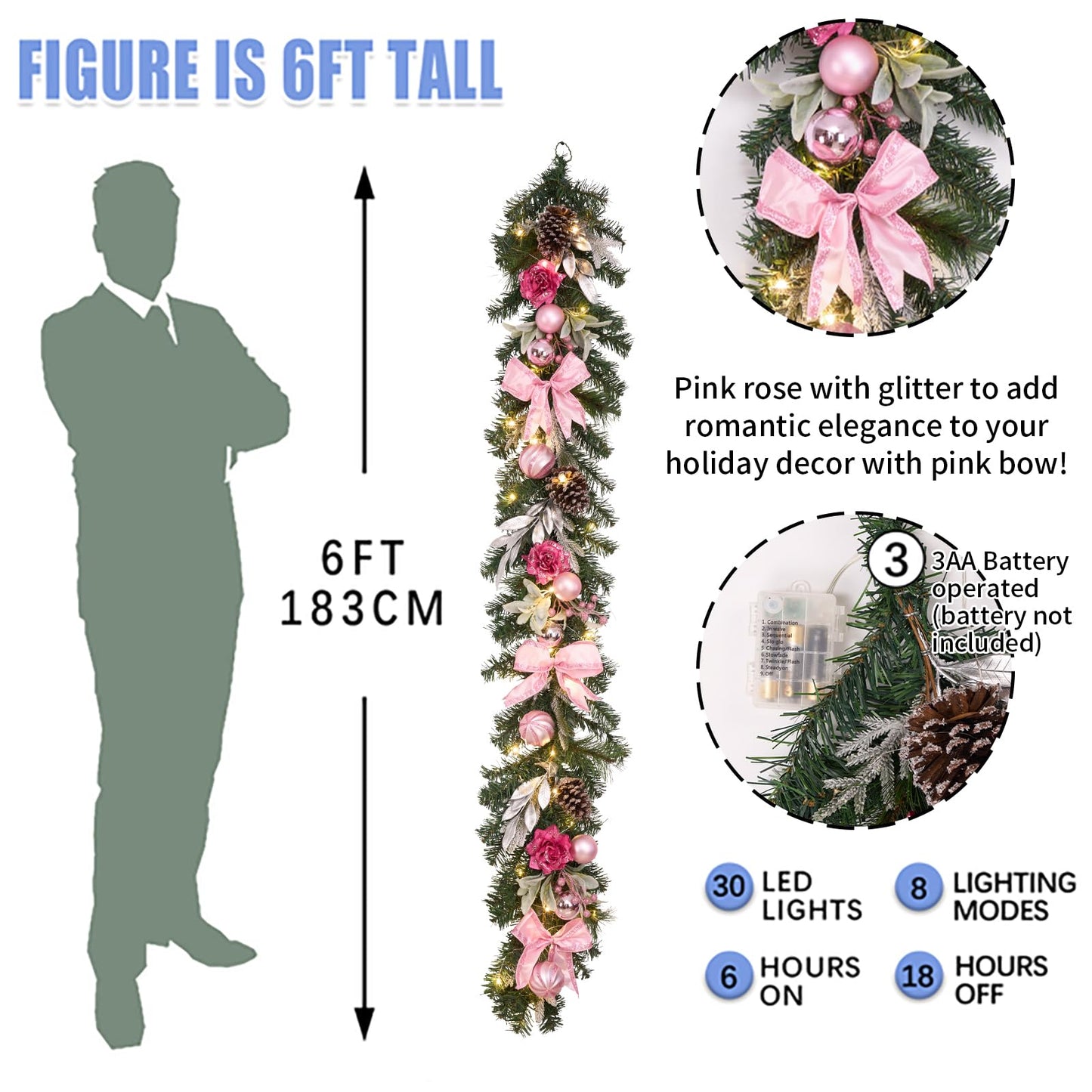 6 feet Christmas Pink Garland for Front Door with 30 LED Lights,Festive Lighted Holiday Decor,prelit Mantel Garland withTimer,Stair and Fireplace Pink Rose Decoration for Christmas and Wedding