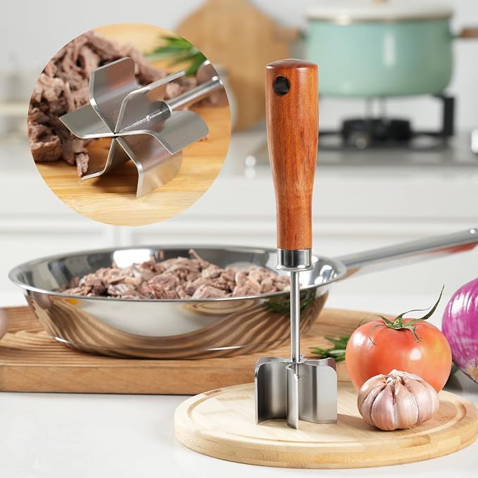 Stainless Steel Meat Chopper & Masher - Heavy Duty 6 Curve Blades Ground Beef Chopper Tool with Wooden Handle, Heat Resistant Meat Masher, Hamburger Smasher & Multi-Use Kitchen Tool