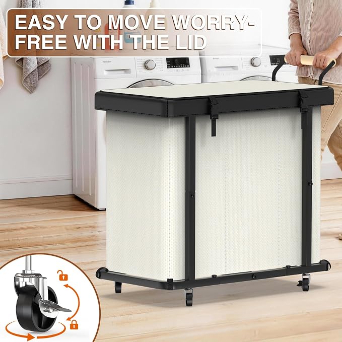 Rolling Laundry Hamper with Wheels, Laundry Hamper 3 Section with Lid, Laundry Basket with Rolling Lockable Wheels and Handle, Laundry Basket Organizer for Laundry Room, Bedroom 230L Beige