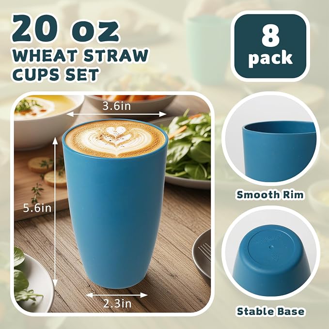 Wrova Wheat Straw Cups Reusable Kitchen Cups Set of 8, Unbreakable 20oz Drinking Cups Alternative to Large Plastic Cups, Dishwasher Safe Big Tumblers & Water Glasses- Vibrant