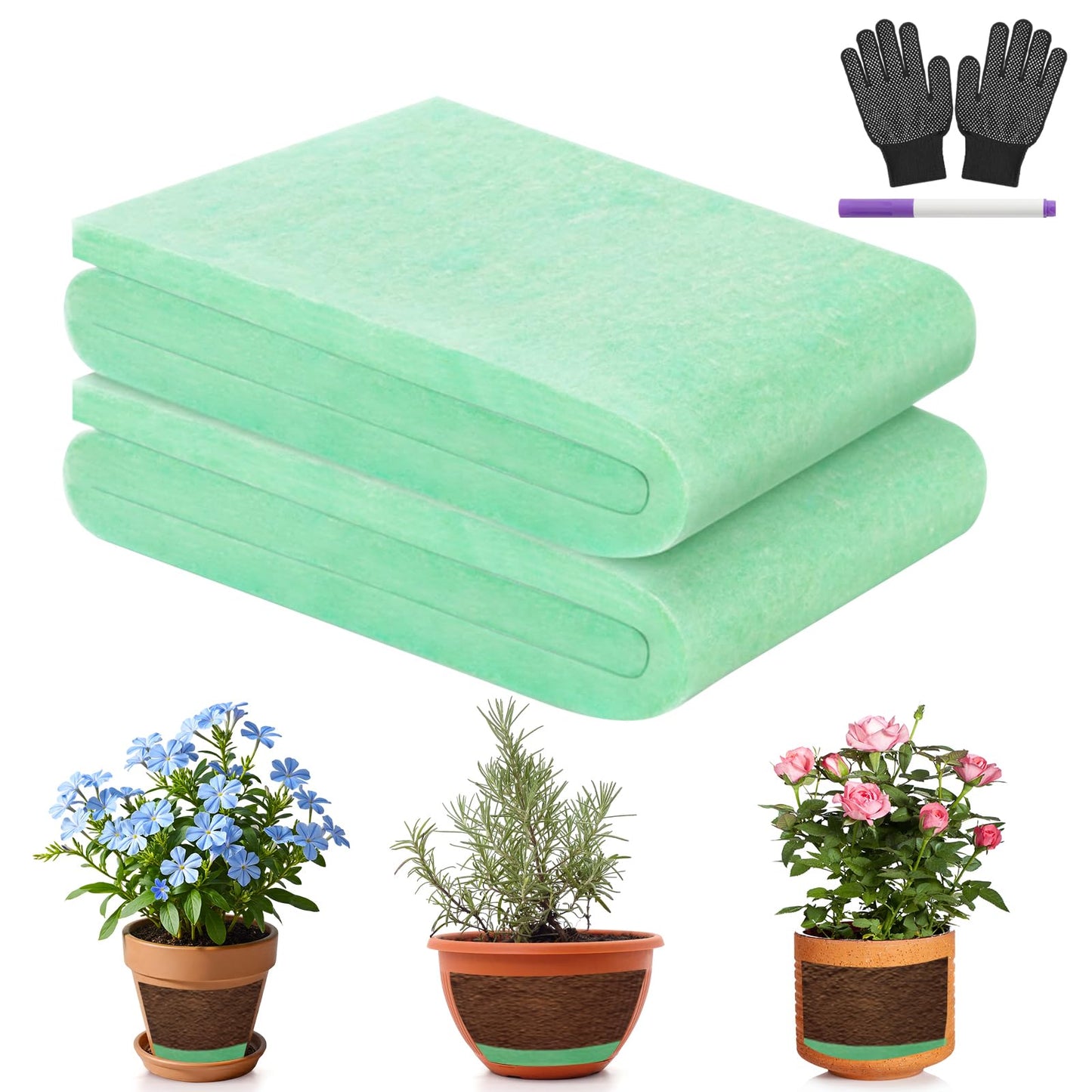 WSFSLJWDW 2-Pack Flower Pot Filler Insert Set with 59.05"x11.81" Green Drainage Mat & Black Gloves - Lightweight Planter Base for Indoor/Outdoor Garden Containers
