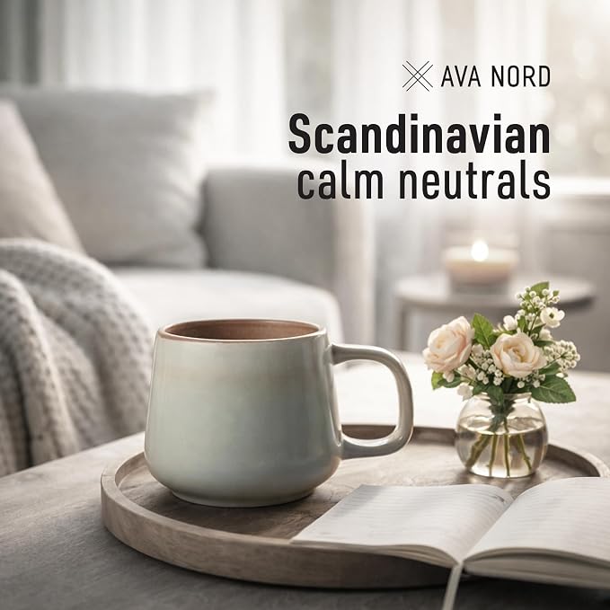Ava Nord Small Ceramic Coffee Mugs Set of 4 | 8 oz Stoneware Coffee Cups | Lead-Free, Non-Toxic | Microwave & Dishwasher Safe | Comfortable Handle | Aesthetic Nordic Design for Cappuccino | Sage Ash
