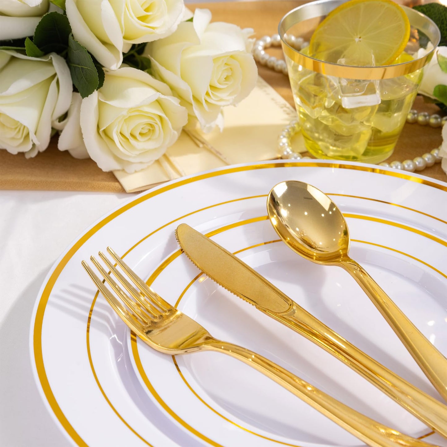 WELLIFE 600 PCS Gold & White Disposable Dinnerware Set for 100 Guests — White Plastic Plates with Gold Rim, Dinner & Salad Plates, Cups, Forks, Knives & Spoons for Weddings & Elegant Events