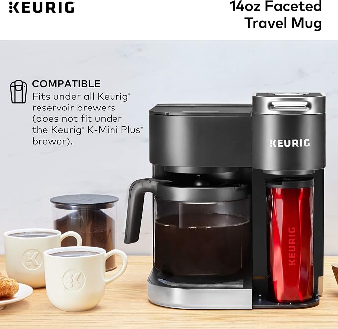 Keurig Coffee Travel Mug, Fits Under Any Keurig K-Cup Pod Coffee Maker, 14 oz, Red