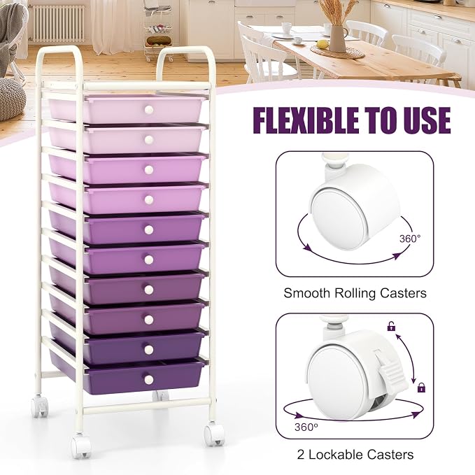 MEDIMALL 10 Drawers Rolling Storage Cart, Multipurpose Craft Storage Cart with Wheels, Mobile Tools Scrapbook Paper Organizer Cart for Office School Home Use