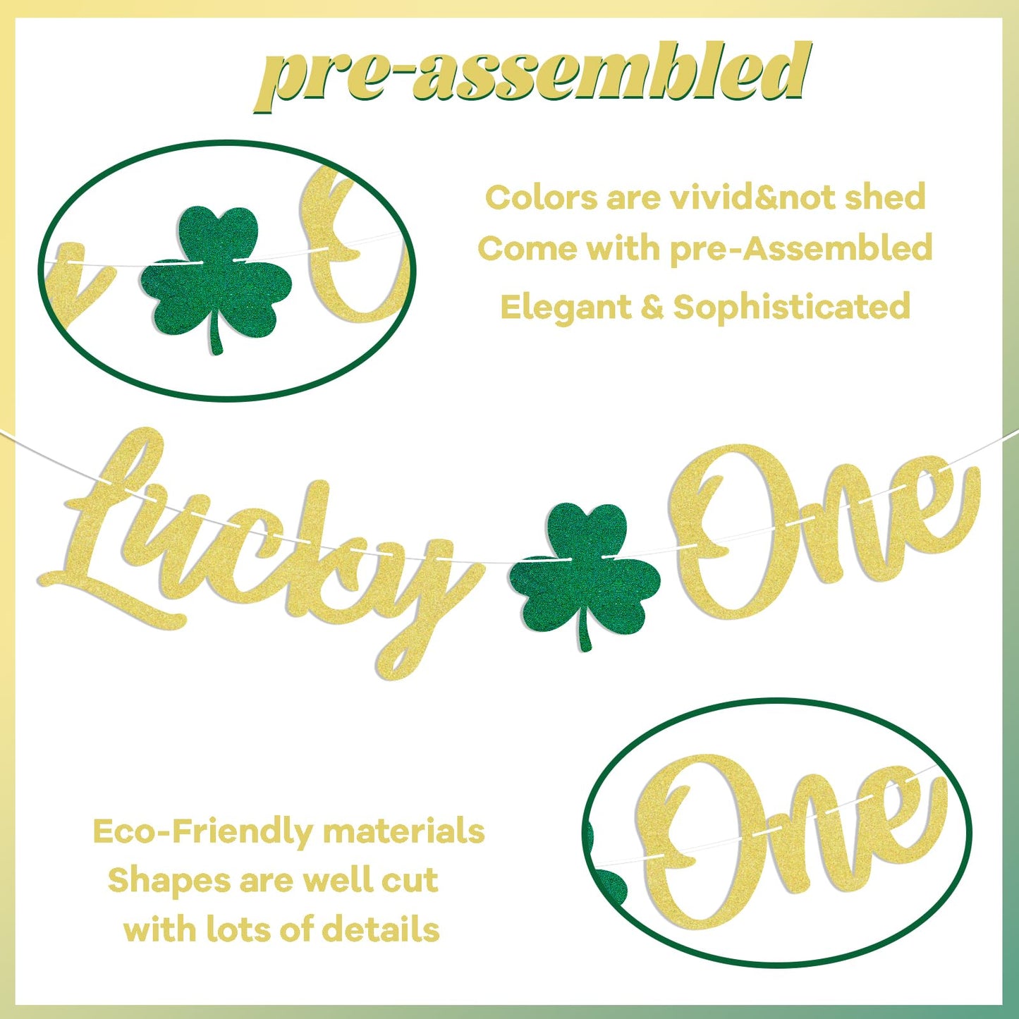 Lucky One Banner - Lucky Charm One Birthday Party Decor, St.Patrick's Day 1st Birthday Baby Shower Party Decoration Gold Glitter