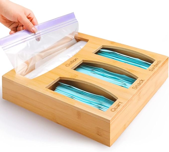 Bamboo Food Bag Storage Organizer for Kitchen Drawer, Baggie Holder for Solimo, Glad, Hefty Gallon, Quart, Sandwich and Snack Variety Size Bags (1 Box 4 Slots)