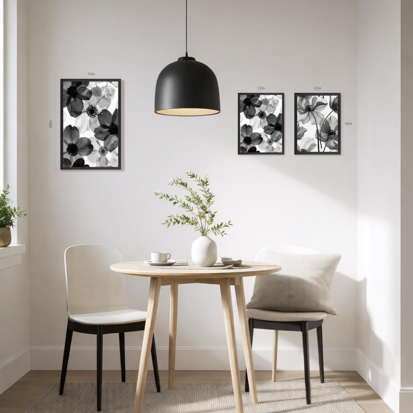 EisEver Black and White Floral Wall Art Set of 3, Neutral Minimalist Bathroom Decor, Modern Flower Canvas Prints, Elegant Nature Botanical Artworks for Bedroom Living Room Wood Framed 12x16 inch