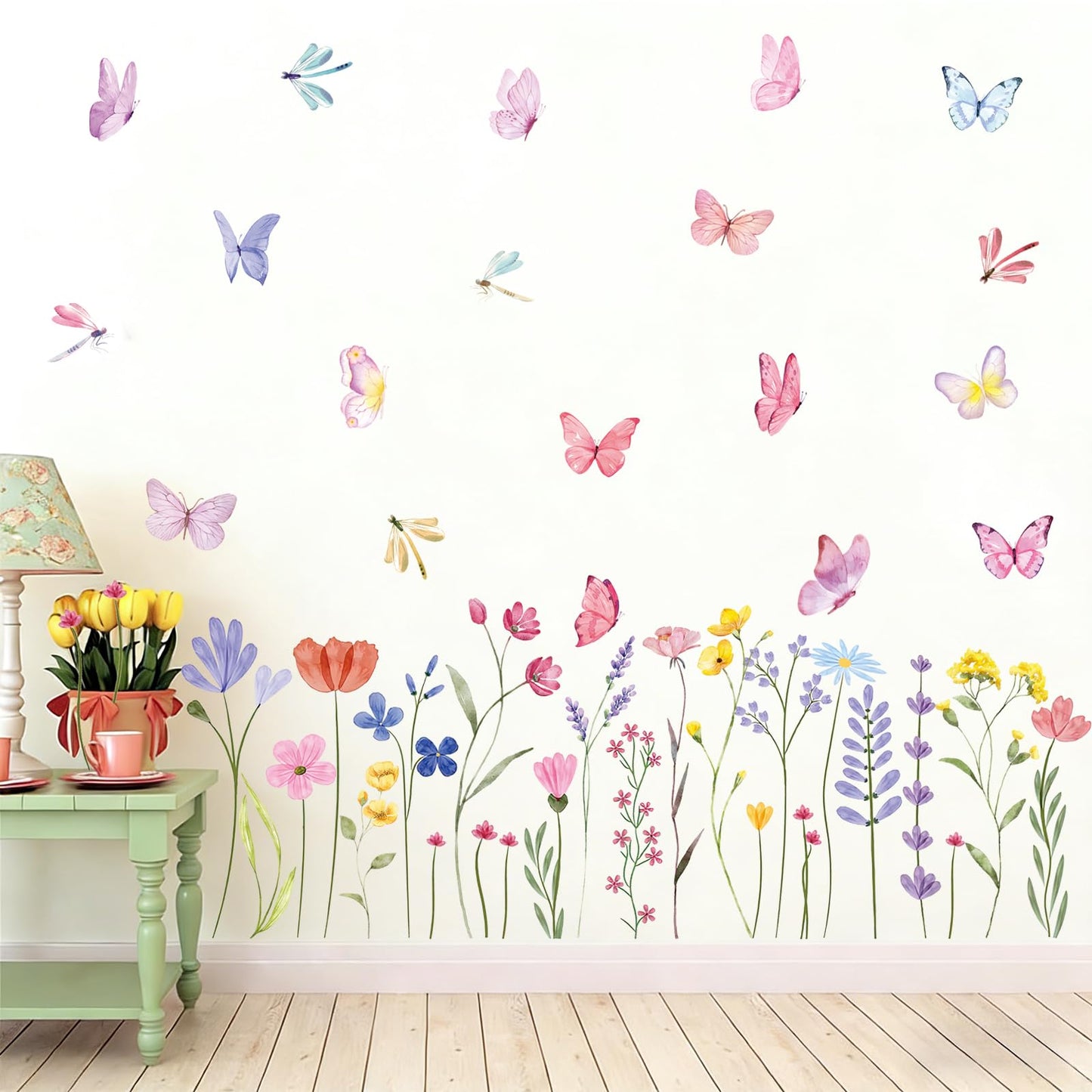 Flower Wall Decals - 8 Sheets 60 Pcs Floral Butterfly Wall Stickers Peel and Stick Wildflower Wall Decals for Girls Bedroom Living Room Home Office Wall Décor