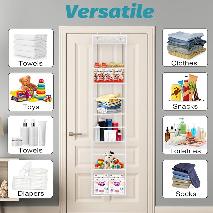 Ultra Sturdy 5-Shelf Over The Door Hanging Pantry Organizer with Clear Plastic Pockets - Large Capacity Room Organizer for Closet, Bedroom, Nursery, Bathroom & Sundries (28lb Load)