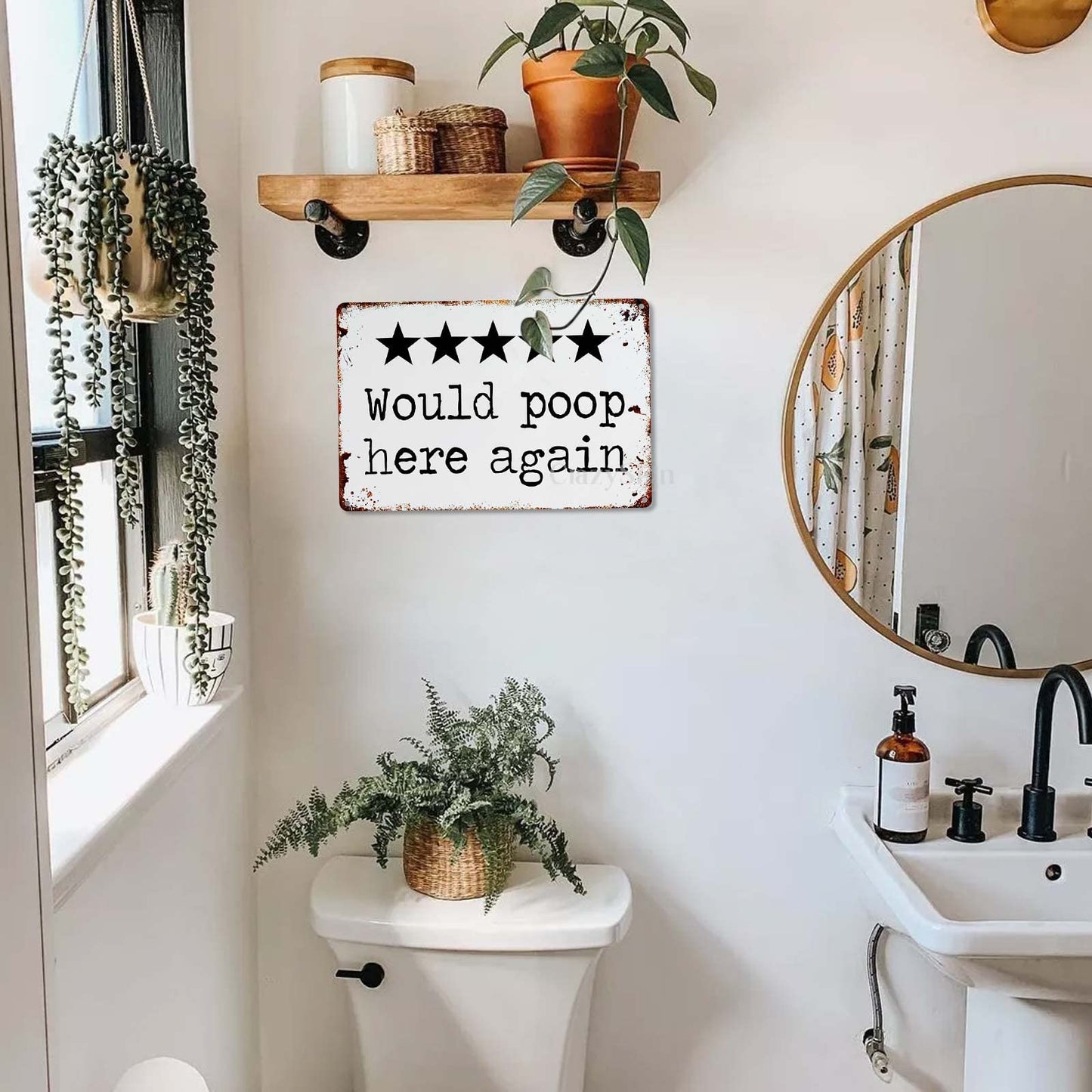 CrazySign Would Poop Here Again - Funny Five Star Rating Bathroom Sign Decor - Indoor Outhouse Bathroom Door Wall Art 8 x 12 Inch (221)