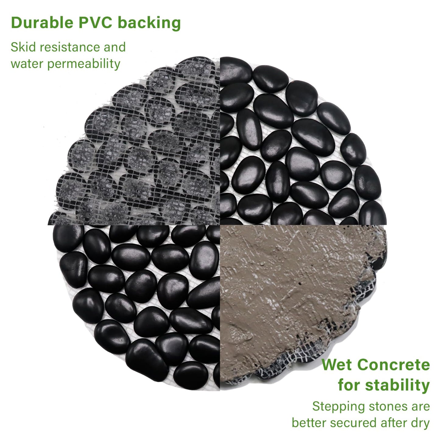 Ausluru 10in River Rock Stepping Stones Set - 6 Pack | Polished Pebble | Long-Lasting PVC Mesh Backing | Perfect for Garden Paths and Lawns Outdoor Landscaping Decoration | Black Circle