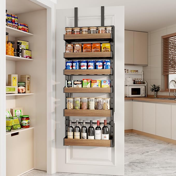 6-Tier Over The Door Pantry Organizer, Heavy-Duty Metal Wall Mount or Hanging Spice Rack, behind the door storage Shelves with Adjustable Basket, Back of Door Organizer for Kitchen Cabinet and Closet