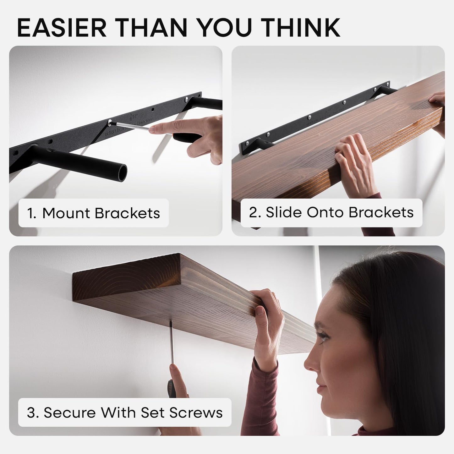 Homeforia Classic Walnut 24 inch Floating Shelf, High End Solid Real Wood Small 24inch Floating Shelves for Wall Mounted, 24in Floating Shelves, Heavy Duty Bracket, 24 X 6.5 X 1.75 inches, Set of 2