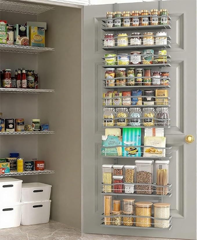 Moforoco Grey 9-Tier Over The Door Pantry Organizer, Pantry Organization and Storage, Black Hanging Basket Wall Spice Rack Seasoning Shelves