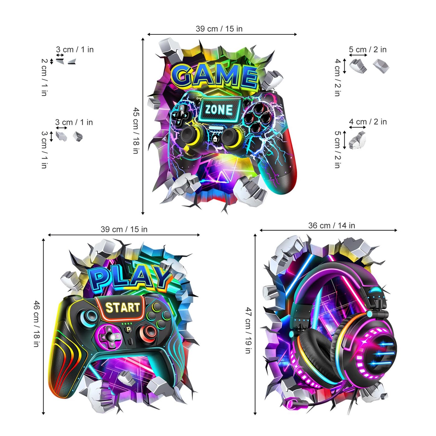 decalmile 3D Game Wall Decals Colorful Gamer Controller Video Gaming Joystick Wall Stickers Boy Bedroom Teenagers Playroom Wall Decor