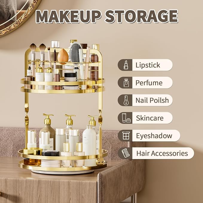 360° Rotating Makeup Organizer, 2-Tier Gold Perfume Organizer for Dresser, Bathroom Organizers Countertop, Perfume Shelf with Makeup Brush Holder, Skincare Holder Cosmetic Display(Gold)