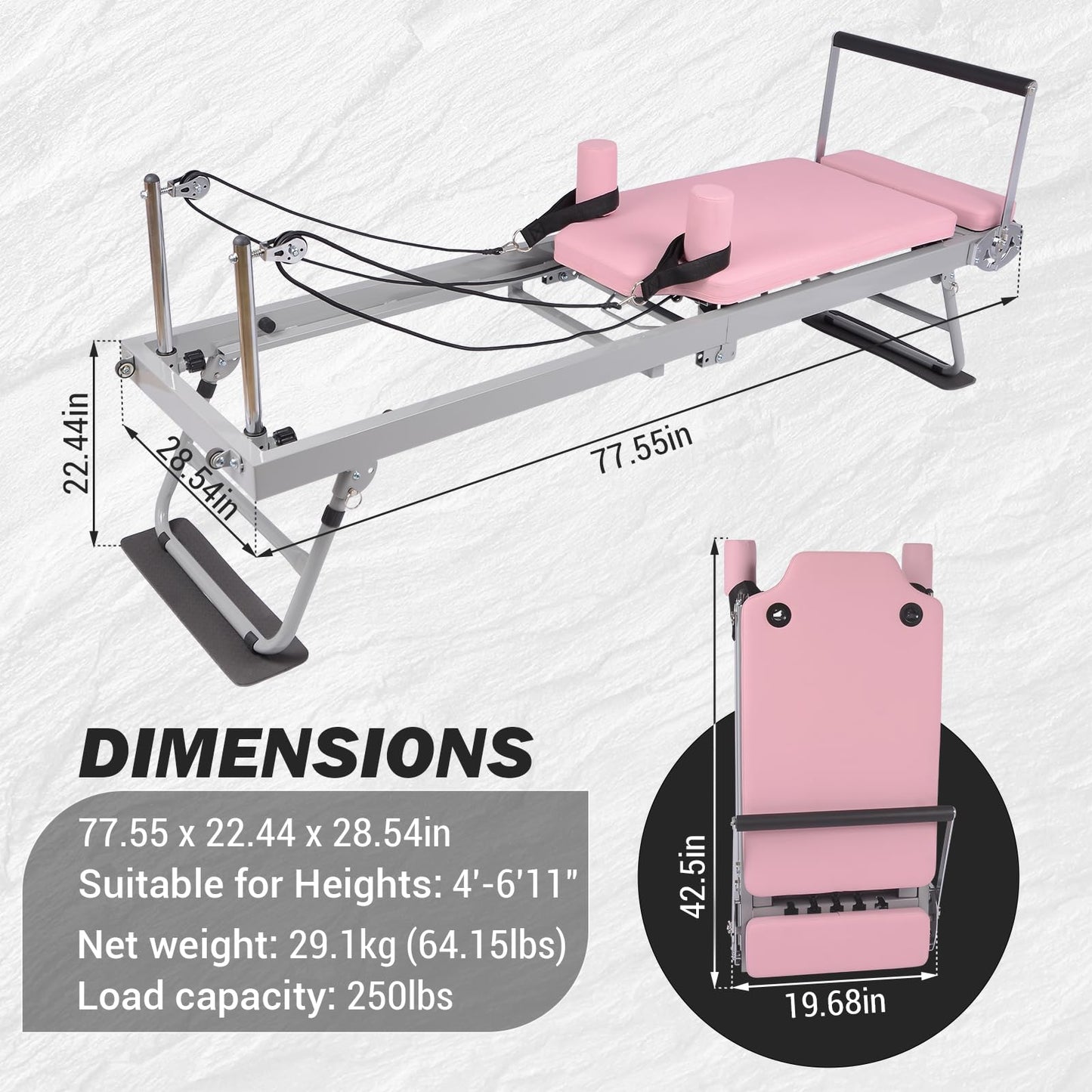 Pink Foldable Pilates Reformer Machine for Home Gym, Professional Workout Equipment with 5x18lb Springs for Beginners & Advanced Users,Quiet Home Pilates Equipment