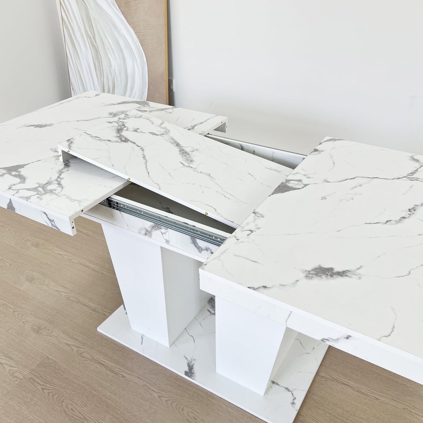 KEIKI Extendable Dining Room Table for 6-10 Person, Modern Large Rectangular Kitchen Tables w/Dual Column Pedestal Base for Kitchen Living Room, White Marble
