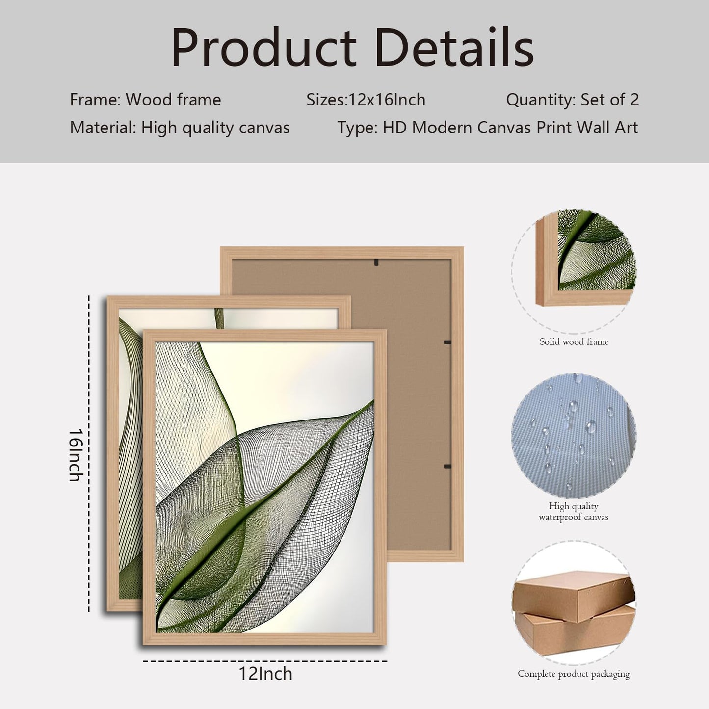 Green Leaf Wall Art Set of 2 with Wooden Frame – Minimalist Botanical Plant Prints, Modern Boho Tropical Leaves Painting, Framed Picture Wall Decor 12x16 Inch