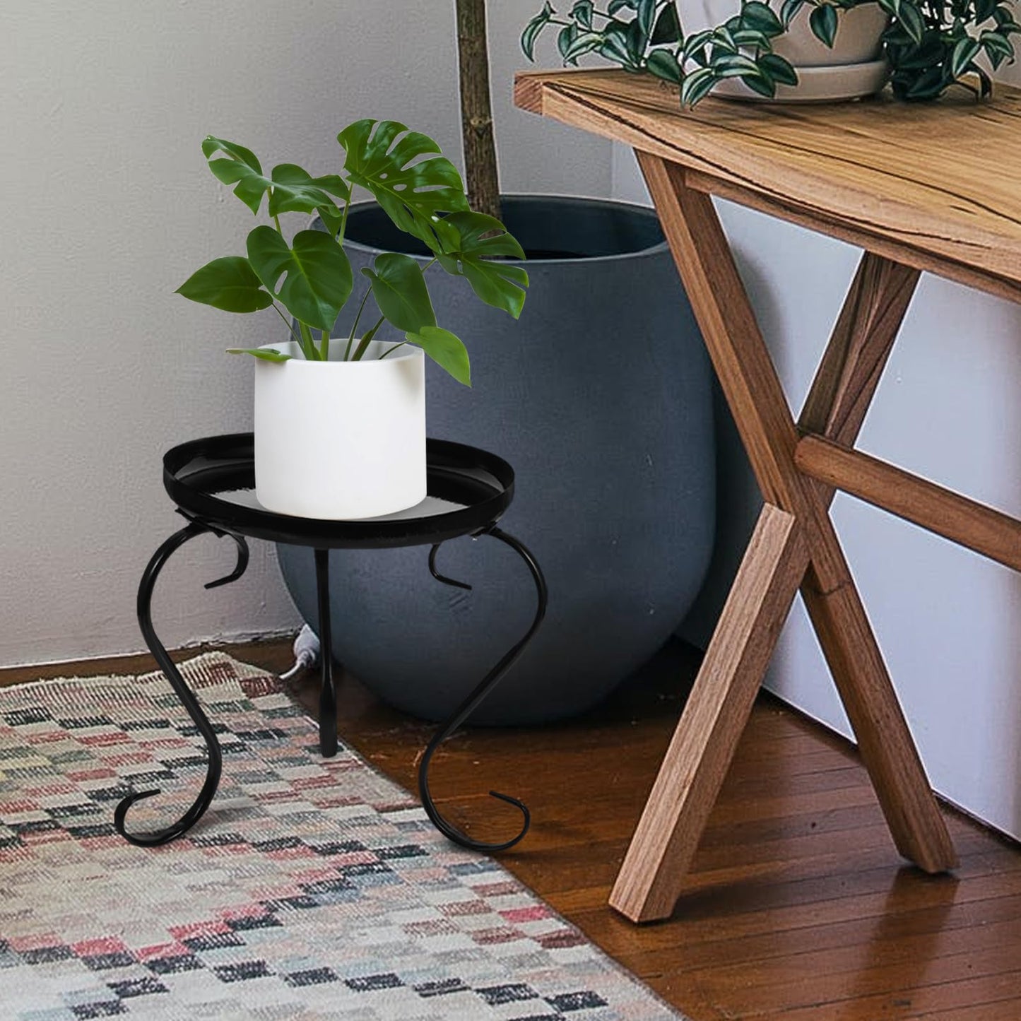 Lurrose Iron Flower Pot Holder Plant Stand for Indoor Outdoor Use, Single-layer Black Iron Flower Rack 2pcs, Floor-standing Plant Pot Display Shelf for Balcony Garden Patio