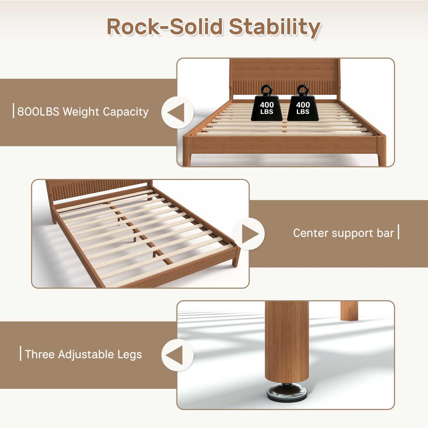 Bellemave Queen Bed Frame with Headboard, Solid Bamboo Platform Bed Frame & Wood Slats Support 800LBS, Japanese Bed Frame Queen Size, No Box Spring Needed, Easy Assembly, Noise Free, Warm Brown