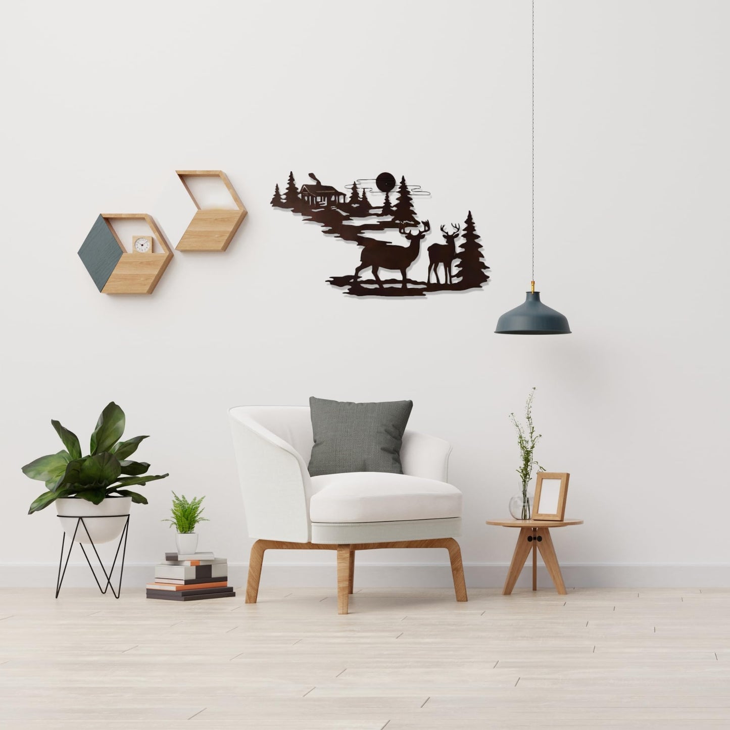 Rivuz Metal Wall Art by Prime Goods. Aesthetic Room Decor. Rustic Retreat. Black Metal Wall Decor with Woodland Cabin & Deer. Great Art for Living Room, Bedroom, or Outdoor Space