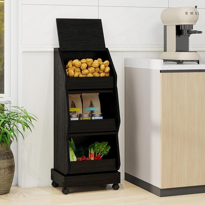ARTETHYS Potato and Onion Storage Bin with Wheels Black Movable Bread Box with Lid Onion Organizer with Grocery Section Decorative Vegetable Organization Cabinet for Kitchen