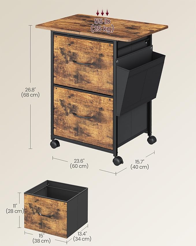 VASAGLE 2-Drawer File Cabinet, Mobile Printer Stand with Storage, Filing Cabinet for A4 Letter Size, Side Pockets, 23.6 x 15.7 x 26.8 Inch, Rustic Brown, Bellah Collection UOFC202KD01