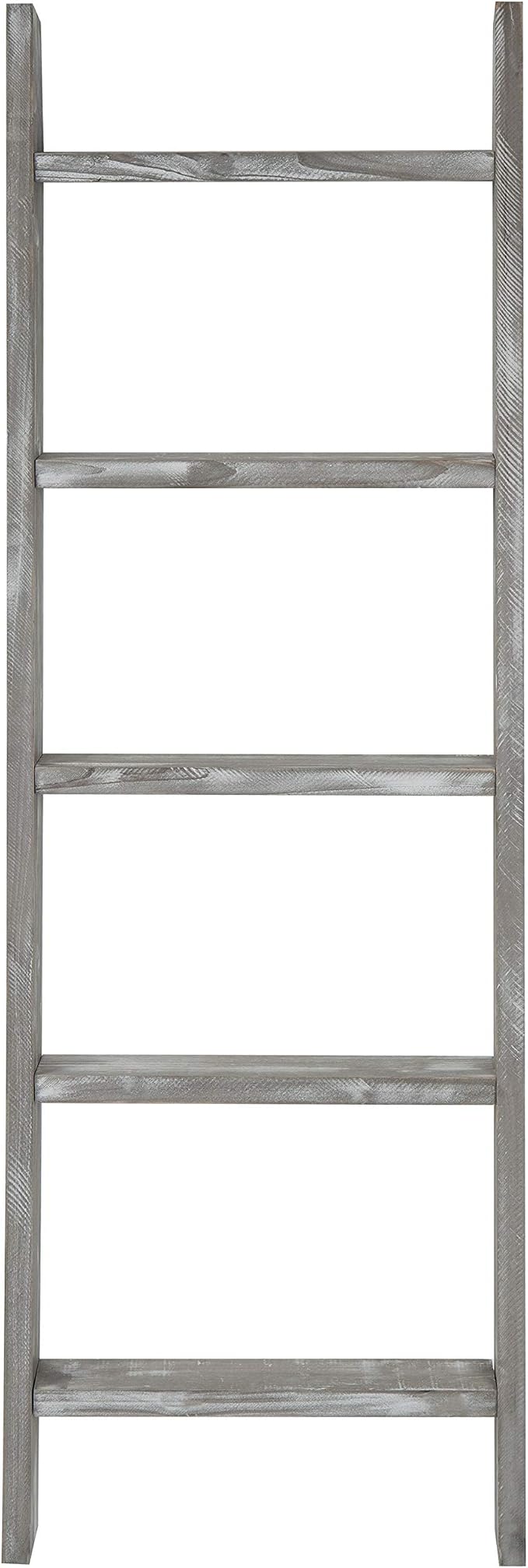 MyGift Large Whitewashed Wood Ladder Blanket Ladder, Farmhouse Style Wall Leaning Towel Rack with 5 Rungs (Graywashed)