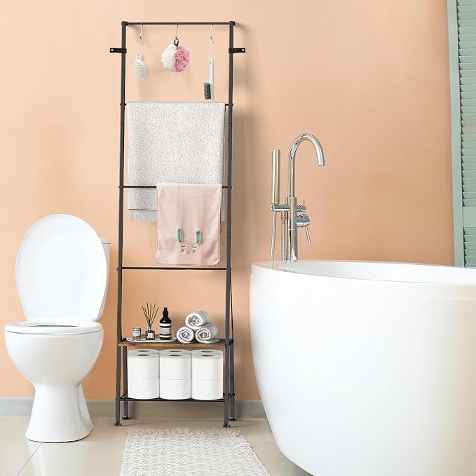 Blanket Ladder, 6-Tier Towel Holder with Shelf, Blanket Rack Freestanding, Ladder Shelf with Hooks for Towels Clothes Scarves, Standing Towel Rack for Bathroom Living Room Bedroom, Brown