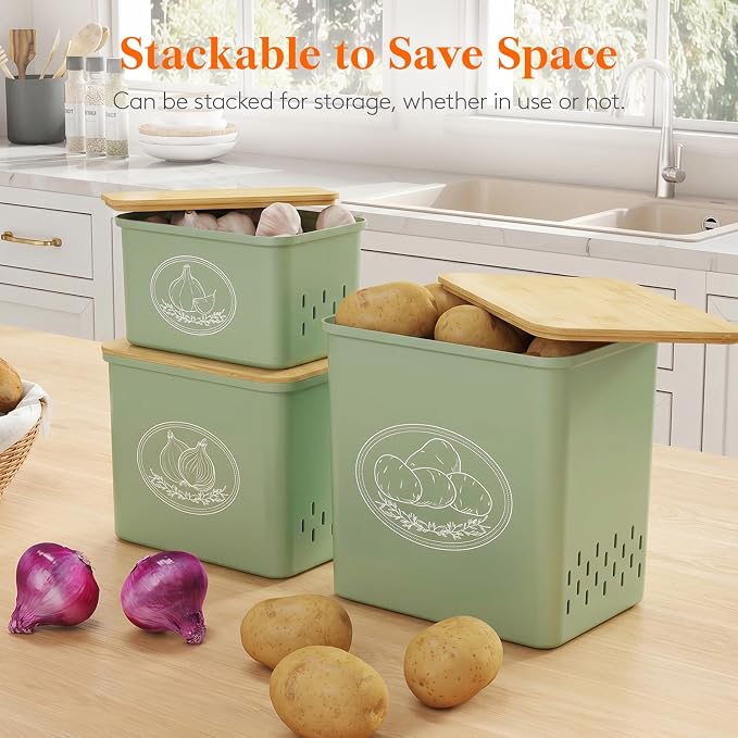 Lifewit Onion and Potato Storage Bin with Aerating Holes and Lid, Stackable Garlic Keeper, Plastic Vegetable Container Box for Kitchen, Green, Set of 3