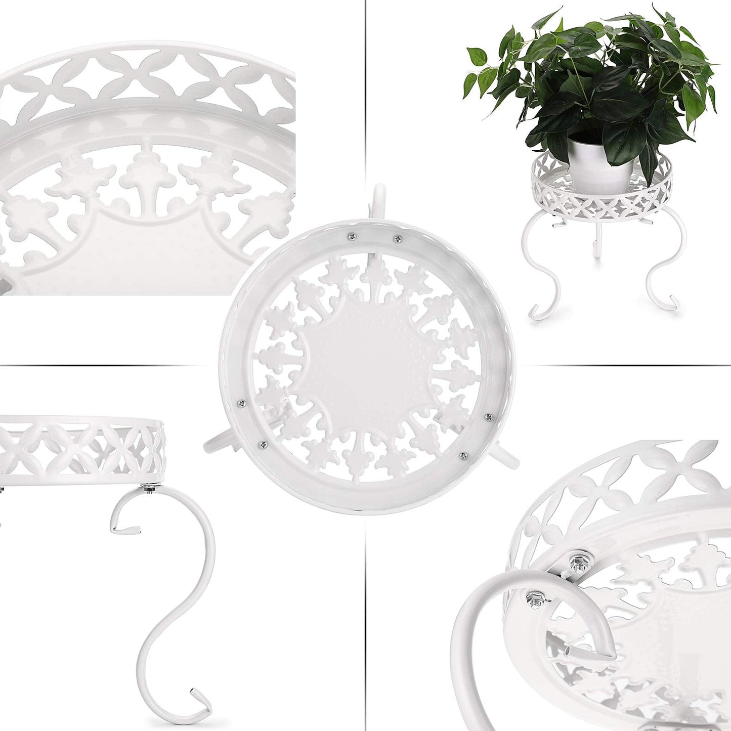 OwnMy Set of 2 Metal Round Plant Stand Rustproof Iron Flower Pot Holder, Modern Plant Display Potted Rack, Indoor Outdoor Plant Stand Heavy Duty Plant Holder for Home, Garden, Plant Lovers (White)