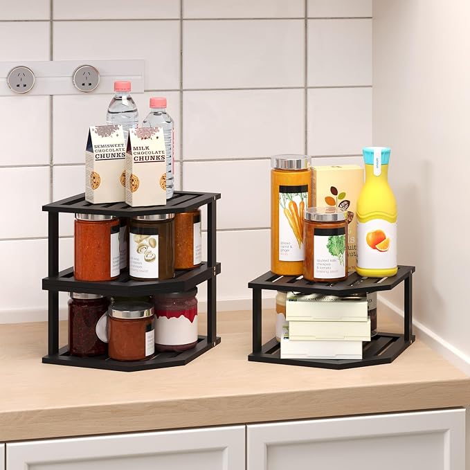 VERTORGAN Bamboo Corner Shelf(3 Pack),2 Tier Plate Organizer for Cabinet and Countertop,Pantry Dish and Spice Rack for Kitchen(Black)