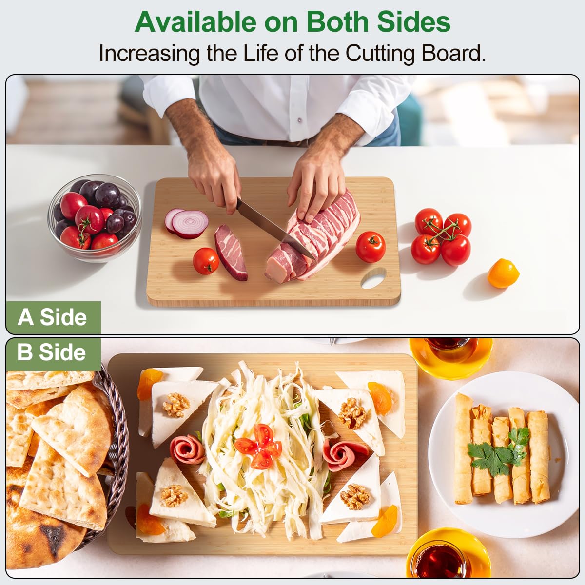 Viretang Wooden Cutting Boards for Kitchen, 15.3 * 8.7'' Knife Friendly Bamboo Cutting Board Lightweight & Durable Chopping Board with Hang Hole for Easy Storage & Clean, Large