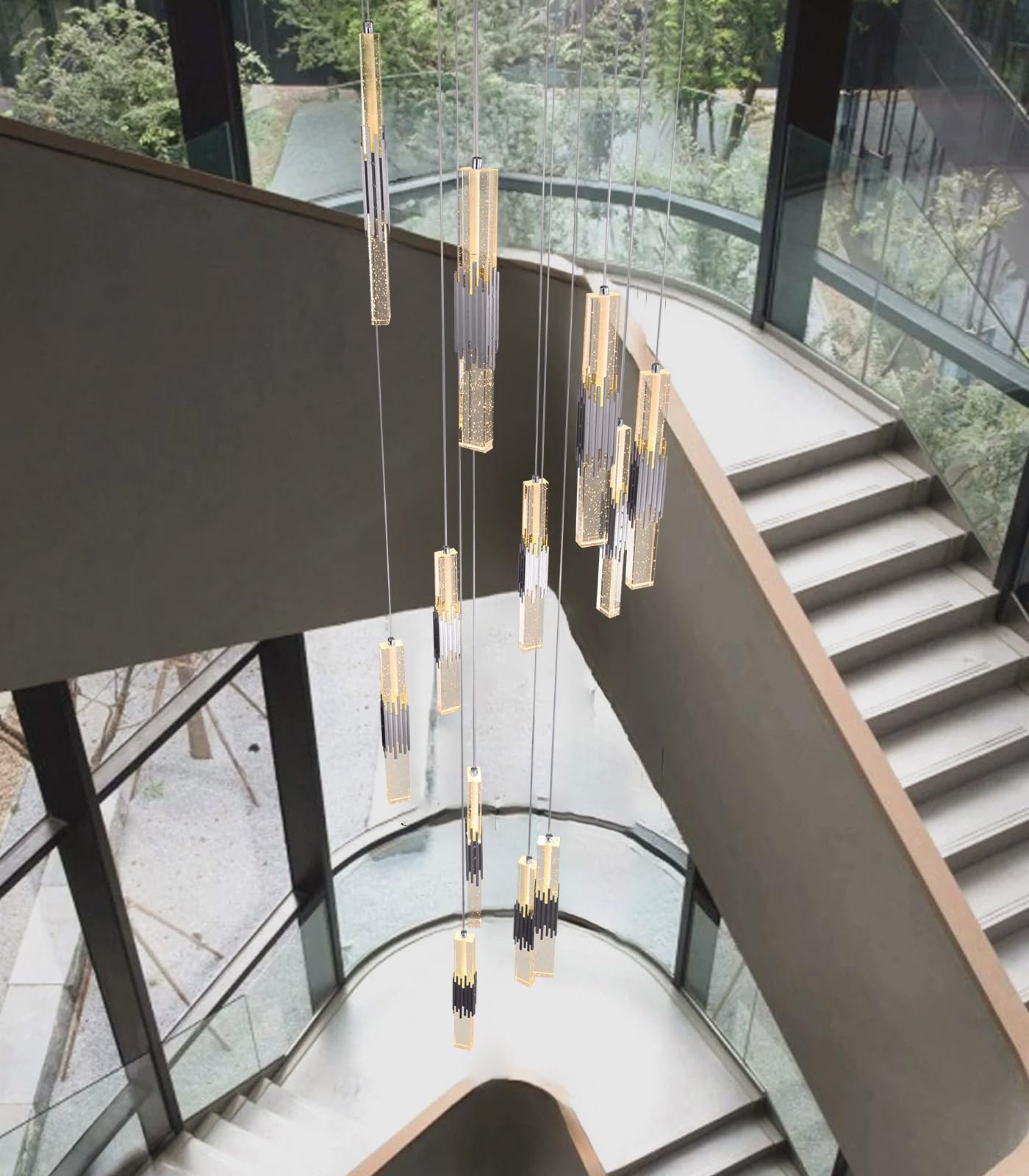12-Lights Modern Crystal Chandelier for High Ceiling Dimmable LED Pendant Lighting Long Light Chandelier for Staircase Foyer Enterway Living Room Silver