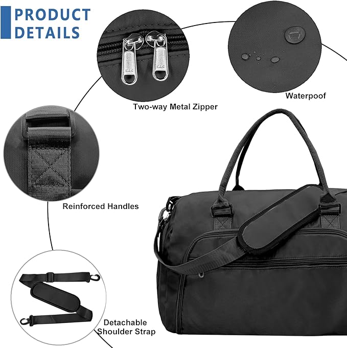 woogwin Gym Bag for Men & Women with Shoes & Wet Compartment Waterproof Duffle Bag for Travel Sports Workout Overnight Weekender(21",Black)