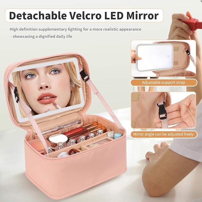 Makeup Bag With LED Mirror, Lightweight Travel Makeup Bag With 3 Color Setting Light Up Mirror Cosmetic Organizer Vanity Case for Women Beauty Tools Accessories Rechargeable Makeup Train Case-Pink