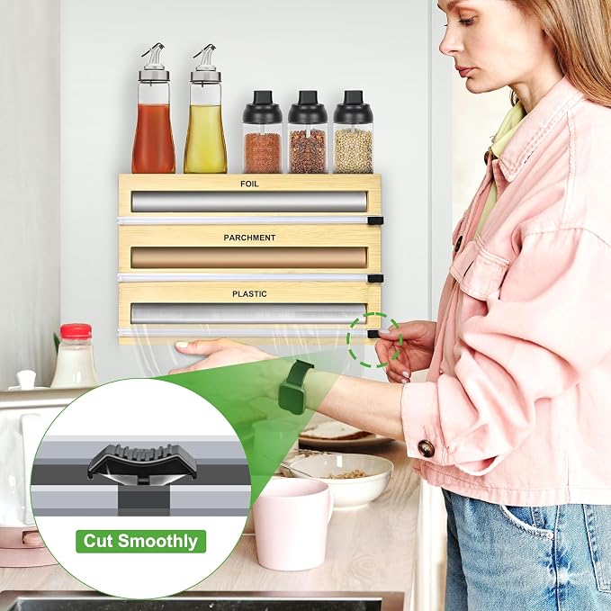 MSJGA Magnetic Plastic Wrap Dispenser with Cutter, 3 in 1 Refrigerator Bamboo Organizer for Tin Foil, Baking Paper, Wax Paper Holder Kitchen Storage Box Compatible