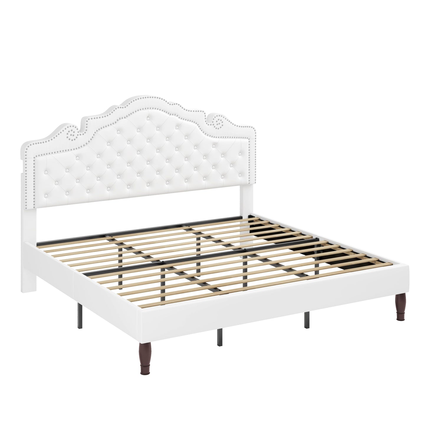 Allewie King Bed Frame with Adjustable Velvet Tiara Headboard, Upholstered Diamond Button Tufted Platform Bed, Wood Slats Support, No Box Spring Needed, Mattress Foundation, Easy Assembly, White