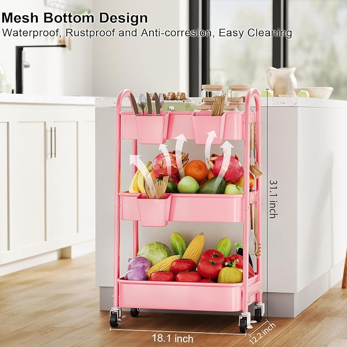 3 Tier Rolling Storage Cart Metal with Wheels, Pink Three Tiered Craft Cart Organizer on Wheels, Utility Carts for Baby Nursery, Diaper Caddy, Art, Book, Snack, Nail, Makeup, Bathroom Supplies, Mesh