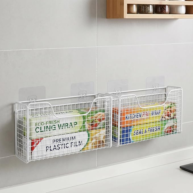 2 Pack Aluminum Foil Organizer, Foil and Plastic Wrap Organizer, Pantry Kitchen Cabinet Door Organizers, Self Adhesive Wall Mounted Storage Hanging Basket for Ziplock Bag, No-Drill, Mesh Metal, White