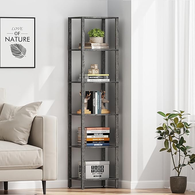 TUTOTAK Bookshelf, 6-Tier Tall Book Shelf, Narrow Bookcase for Small Space, DIY Stackable Bookshelf, for Living Room, Office, Study, Entryway, Industrial, Charcoal Grey BS01BY006