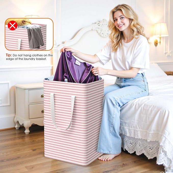 3 Pack Large Laundry Basket,Waterproof & Freestanding Laundry Hamper,Collapsible Clothes Hampers with Easy Carry Long & Reinforced Handles in Bathroom,College Dorm(75Lx3,Pink)